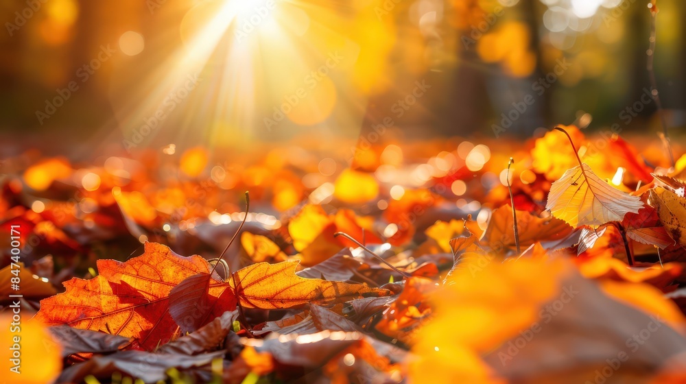 Golden Autumn Leaves Underneath Sunlit Trees Golden Autumn Leaves Underneath Sunlit Trees