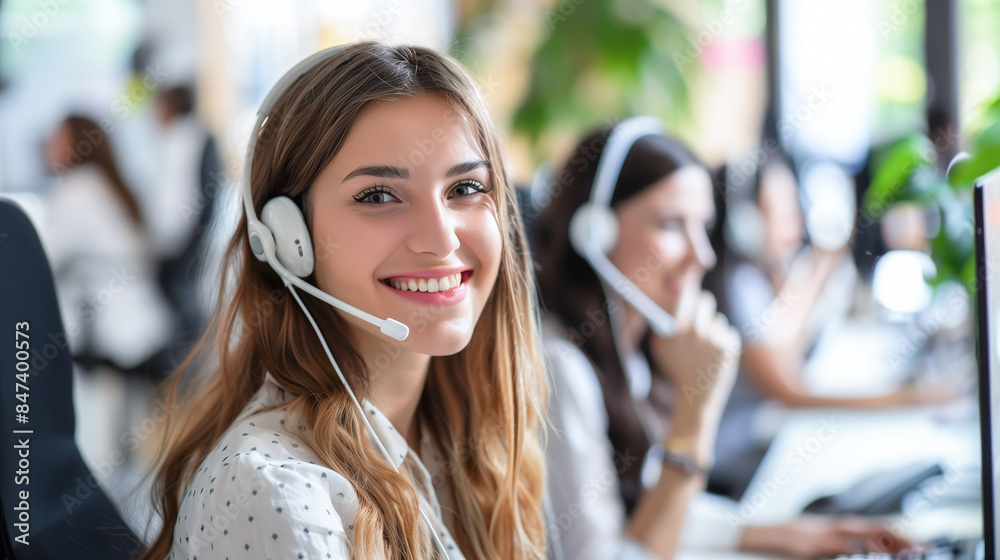 Call center office with smiling beautiful friendly woman working support customer care. Call center office with smiling beautiful friendly woman working support customer care.
