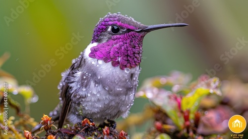 Lampornis calolaemus, Purple-throated Mountain-gem, small hummingbird from Costa Rica. Violet throat small bird from mountain cloud forest in Costa Rica. Wildlife in tropic nature   photo