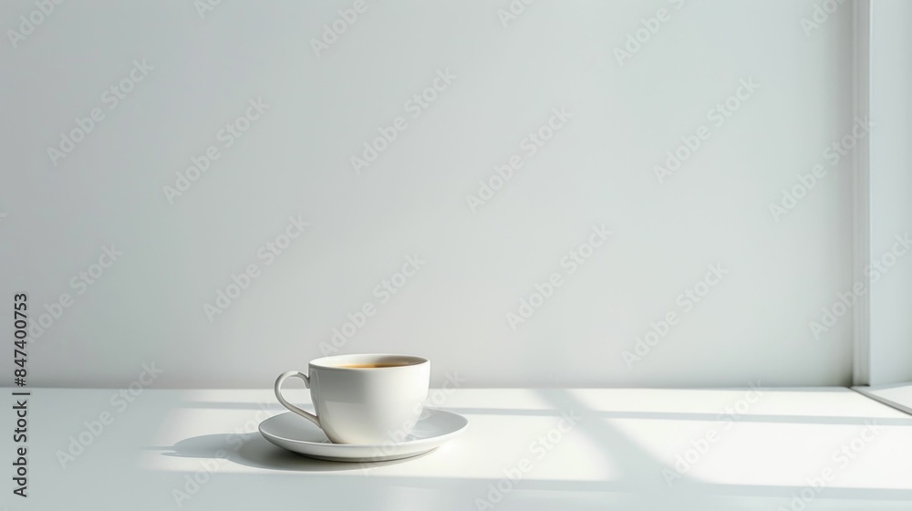 Sunny Coffee Break on a White Table in Front of a Window with Sunlight for Relaxation and Reflection Sunny Coffee Break on a White Table in Front of a Window with Sunlight for Relaxation and Reflection