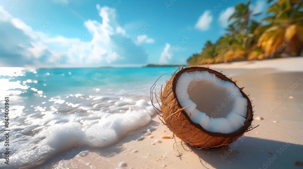 A coconut is laying on the beach next to the ocean A coconut is laying on the beach next to the ocean
