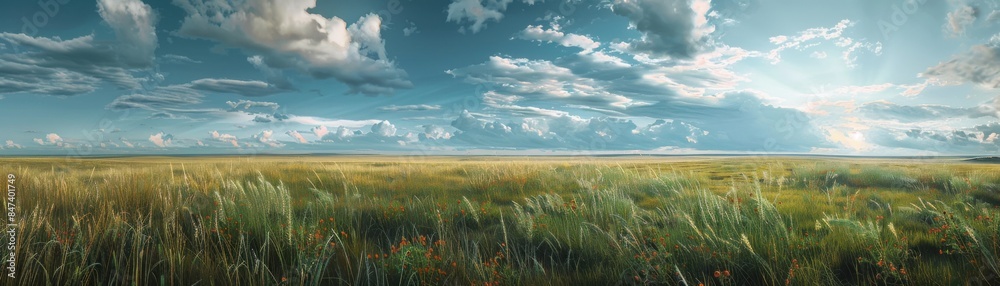 A field of flowers with a bright blue sky in the background A field of flowers with a bright blue sky in the background