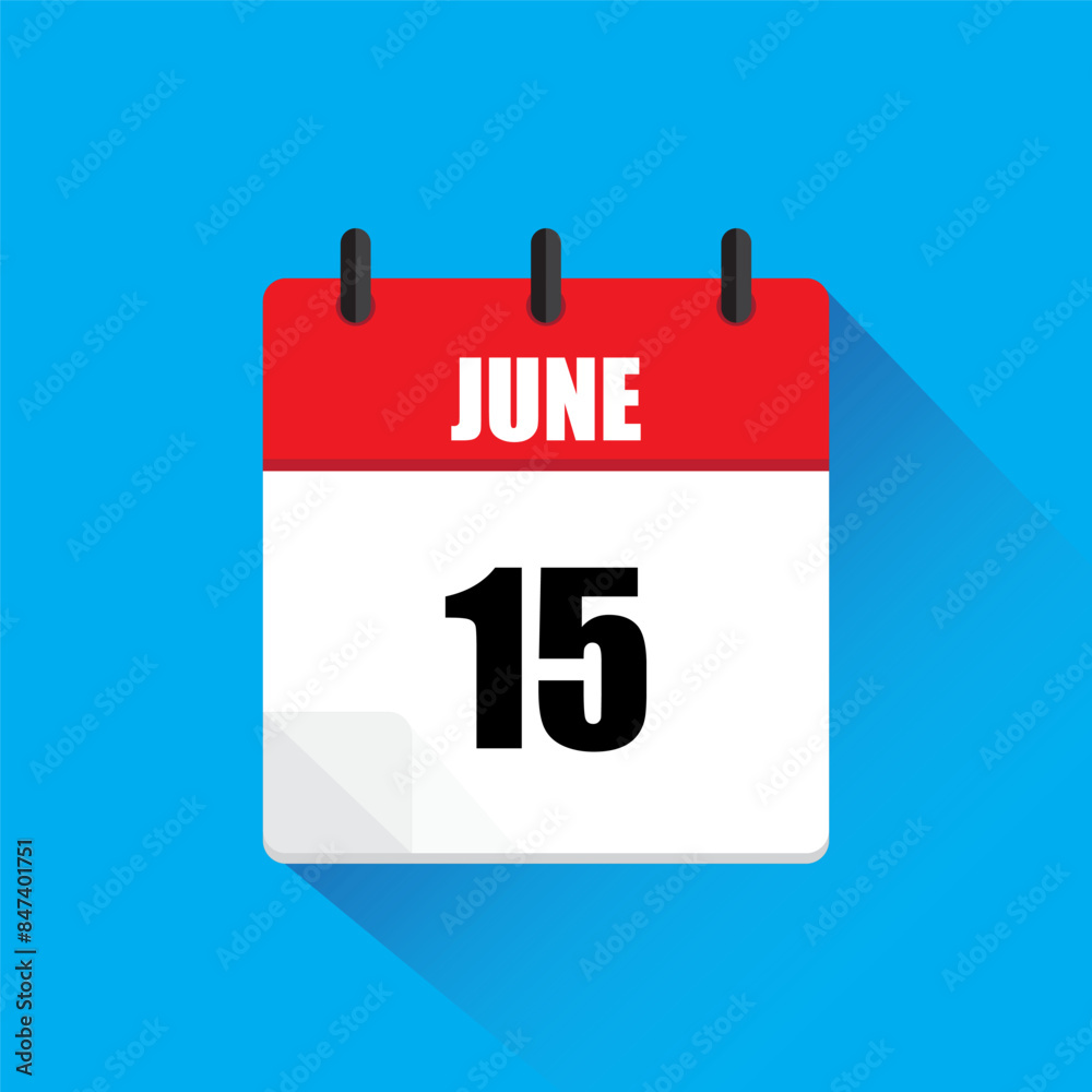 Calendar icon June. Red header June. Date number fifteen. Blue background. Calendar icon June. Red header June. Date number fifteen. Blue background.