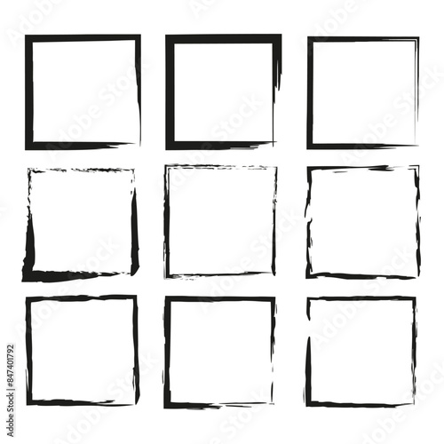Grunge square frames vector. Black rough edges. Abstract brush stroke design. Artistic border set.