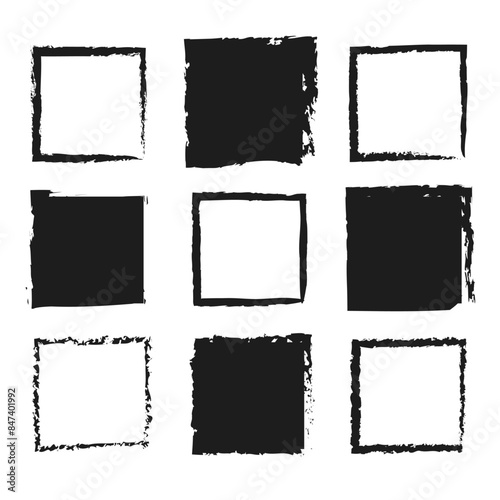 Grunge square icons vector. Black rough edges. Abstract brush stroke design. Artistic elements set.