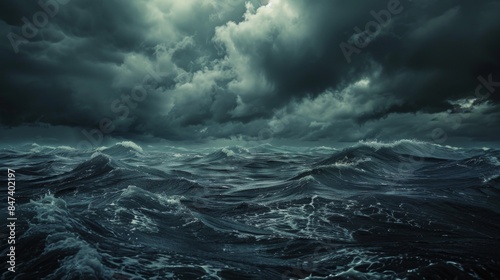 A stormy ocean with large waves crashing against the shore