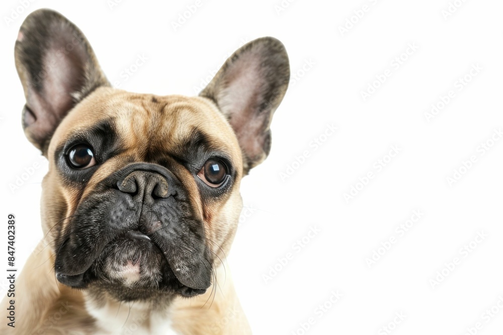 Closeup portrait of a stylish French bulldog with expressive eyes looking at the camera on a clean white background Closeup portrait of a stylish French bulldog with expressive eyes looking at the camera on a clean white background
