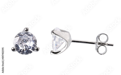 Obraz na plátně Silver stud earrings with a diamond or cubic zirconia, front and side view, isol