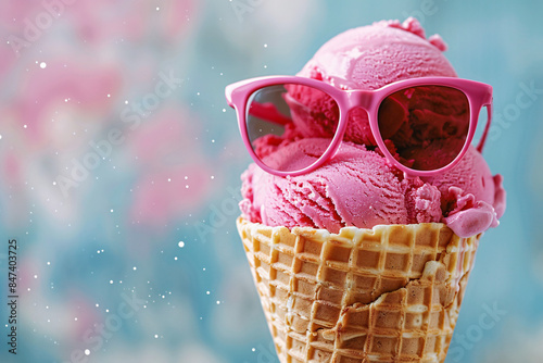 A colorful summer ice cream cone wearing sunglasses, representing a cool and refreshing vacation treat.