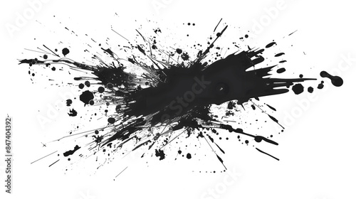 black ink Splatter, black paint, ink brush strokes, brushes, lines, grungy. Dirty artistic design elements, Black inked splatter dirt stain splattered spray splash with drops blots.  photo