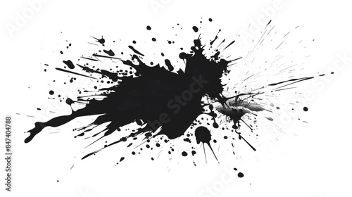 black ink Splatter, black paint, ink brush strokes, brushes, lines, grungy. Dirty artistic design elements, Black inked splatter dirt stain splattered spray splash with drops blots.  photo