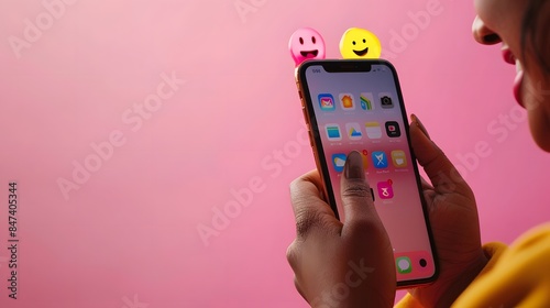 Wallpaper Mural Woman Using Smartphone with Playful Smileys on Pink Background Torontodigital.ca