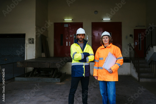 Engineers looking at camera at industrial site photo