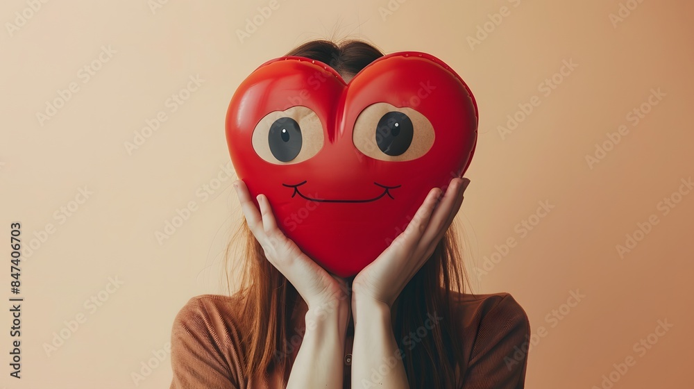 Woman holding a smiling red heart balloon to her face against a soft peach background Woman holding a smiling red heart balloon to her face against a soft peach background