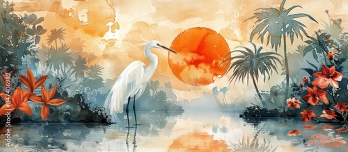 Serene Sunset with a White Egret in a Tropical Landscape photo