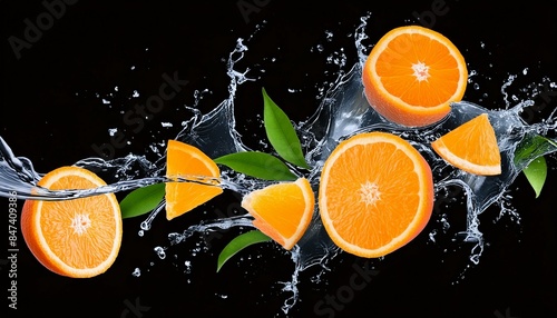 Orange in splashes. Falling of orange with water splash on isolate transparency background