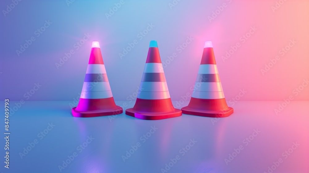 Three Traffic Cones with Blue & Violet Studio Lighting