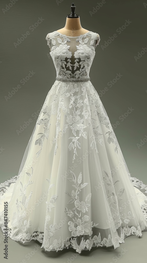An elegant, floor-length, white wedding dress intricately adorned with detailed floral lace patterns, tailored for a sophisticated bridal look An elegant, floor-length, white wedding dress intricately adorned with detailed floral lace patterns, tailored for a sophisticated bridal look