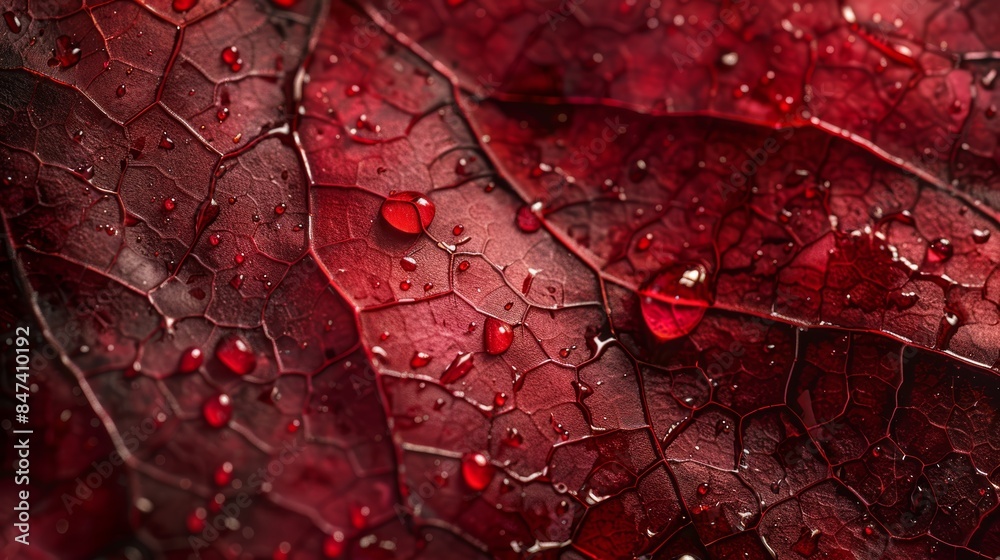 Fototapeta premium A close-up image of a detailed, deeply textured reddish-brown leaf surface with intricate vein patterns and water droplets resting on it