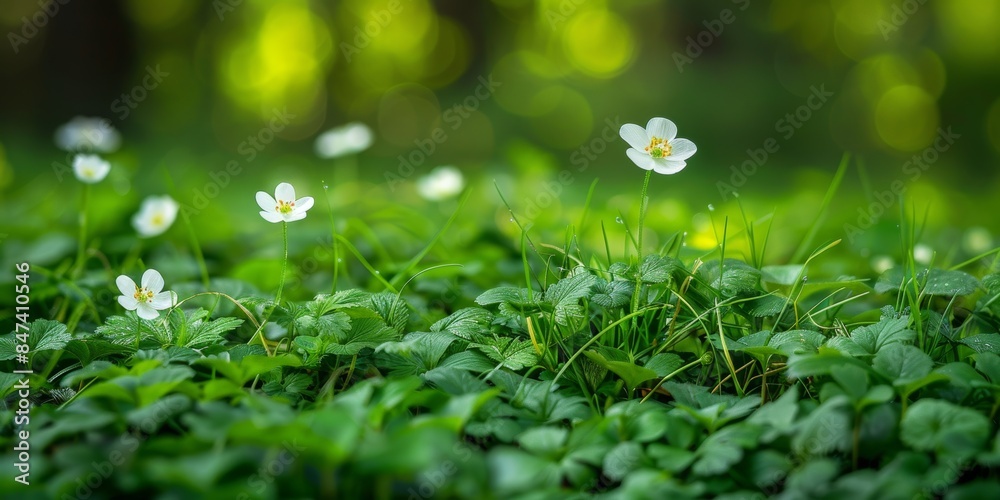 A serene close-up shot of a lush green meadow lit by soft sunlight, dotted with delicate white flowers blooming amongst the greenery and surrounded by a peaceful bokeh background A serene close-up shot of a lush green meadow lit by soft sunlight, dotted with delicate white flowers blooming amongst the greenery and surrounded by a peaceful bokeh background