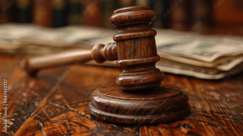 Wooden gavel on a rustic wooden table surrounded by stacks of US currency in a financial and legal setting indicative of business matters Wooden gavel on a rustic wooden table surrounded by stacks of US currency in a financial and legal setting indicative of business matters