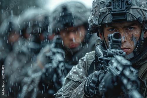 A group of soldiers dressed in full combat gear, braving the rain during an intense military exercise, precisely aiming their firearms, with determination evident on their faces