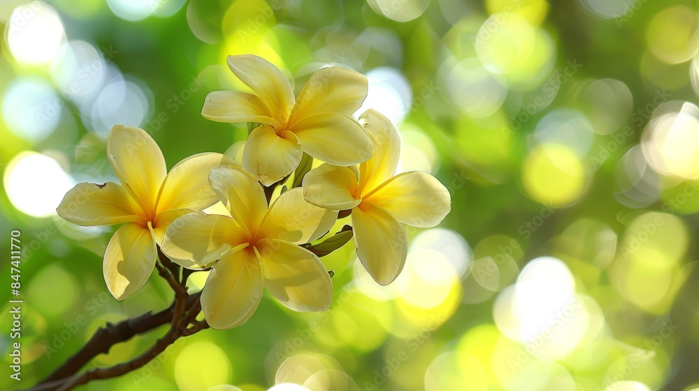 Beautiful close-up of vibrant yellow flowers in full bloom set against a stunning bokeh background of lush green leaves and natural sunlight