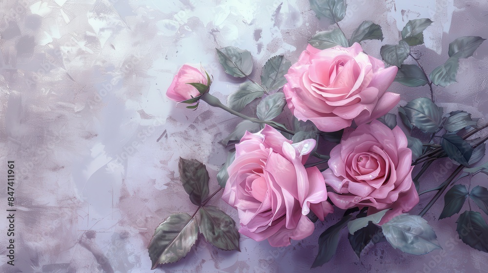 Elegant pink roses with soft petals and green leaves, captured against a textured background, creating a romantic and calming ambiance. Elegant pink roses with soft petals and green leaves, captured against a textured background, creating a romantic and calming ambiance.