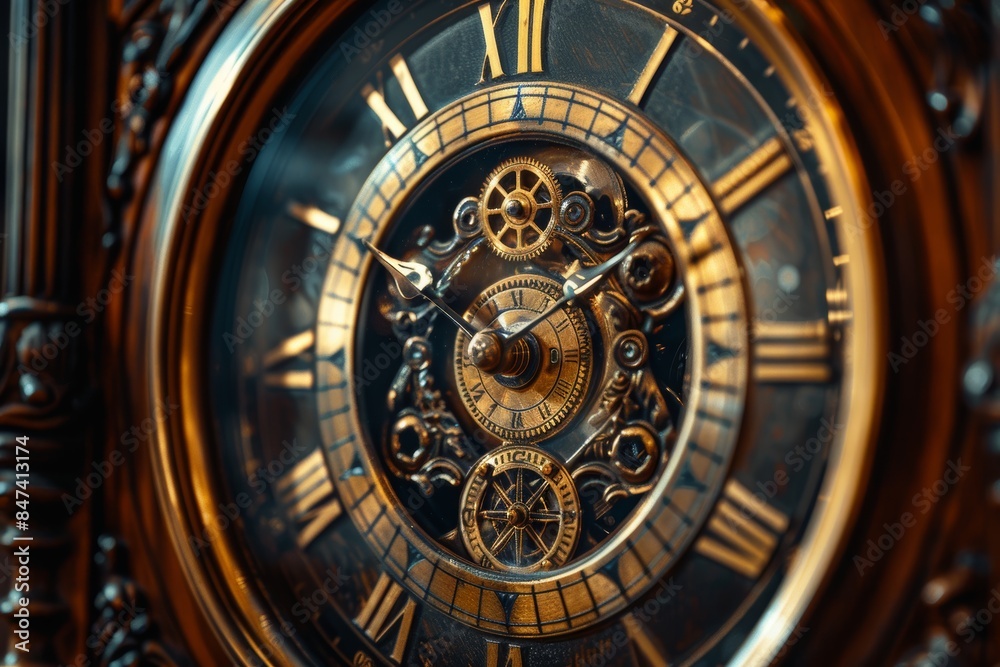 An intricately designed antique mechanical clock with detailed gears and Roman numerals, showcasing exquisite craftsmanship in golden hues An intricately designed antique mechanical clock with detailed gears and Roman numerals, showcasing exquisite craftsmanship in golden hues