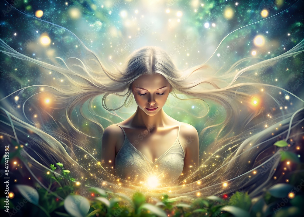 Ethereal Beauty. A Woman With Long Flowing Hair Stands In A Forest, Surrounded By A Soft Light. Ethereal Beauty. A Woman With Long Flowing Hair Stands In A Forest, Surrounded By A Soft Light.
