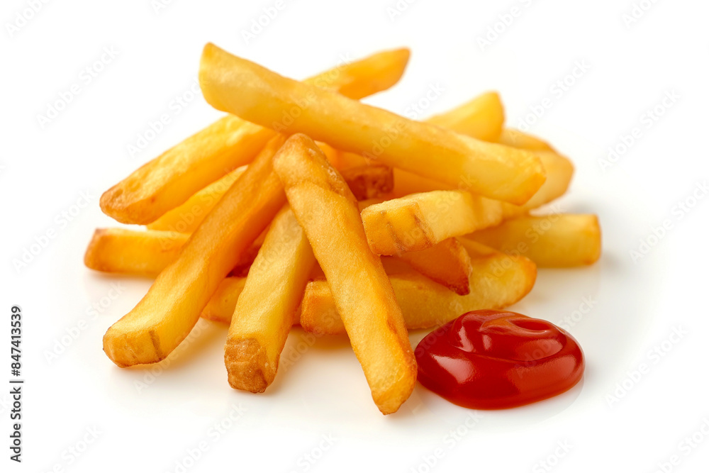 A pile of french fries with a ketchup bottle on top