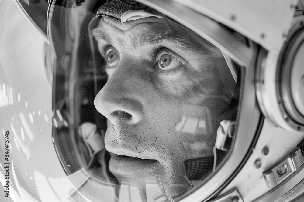 A man in a space suit is looking out of a helmet A man in a space suit is looking out of a helmet