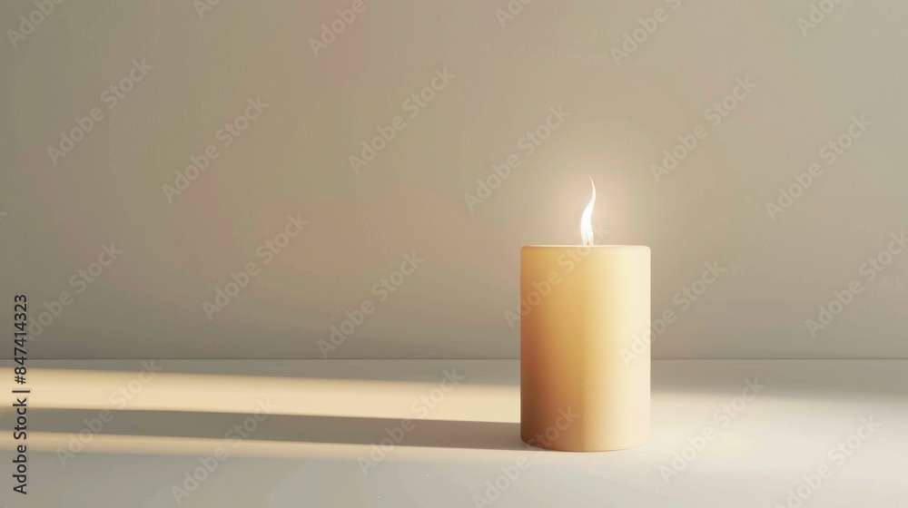 Solitary candle illuminates table in front of wall with light traveling through, creating a serene and captivating atmosphere Solitary candle illuminates table in front of wall with light traveling through, creating a serene and captivating atmosphere