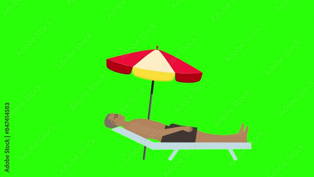 Man relaxing on the lounge chair under umbrella, green screen, 2d flat animation