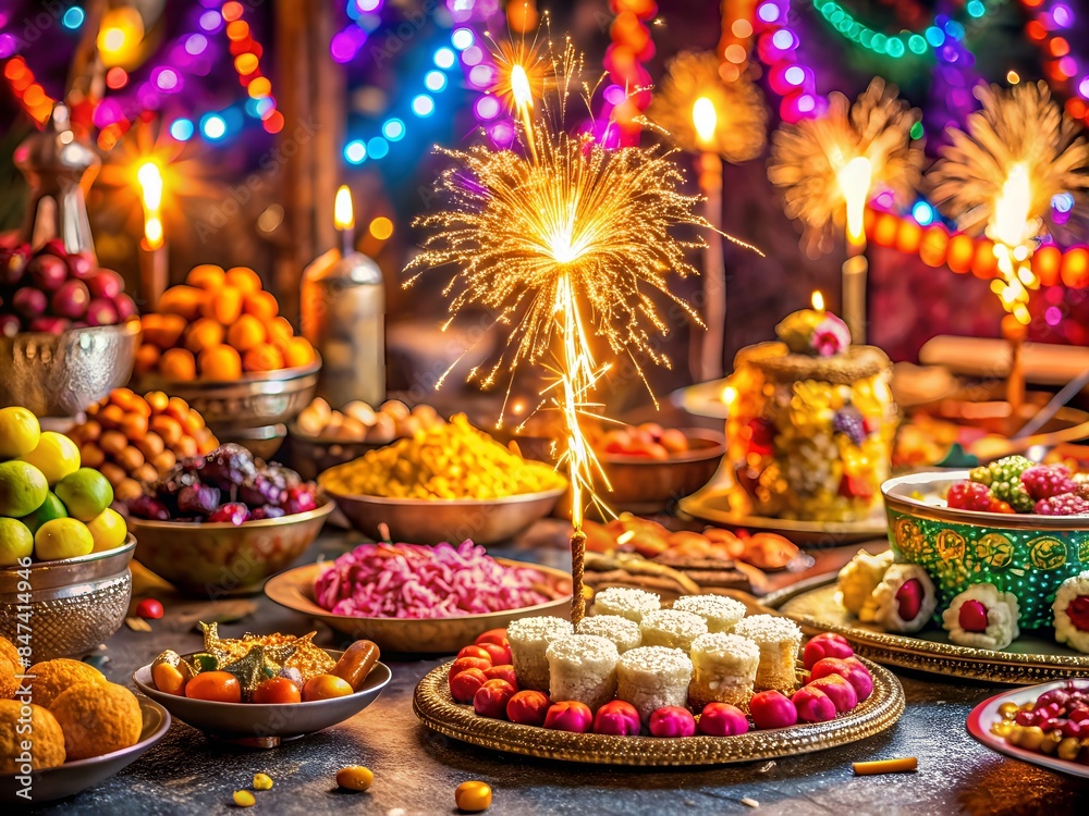 Fototapeta premium A Table Full Of Delicious Food And A Lit Sparkler In The Center Makes For A Festive And Beautiful Centerpiece.