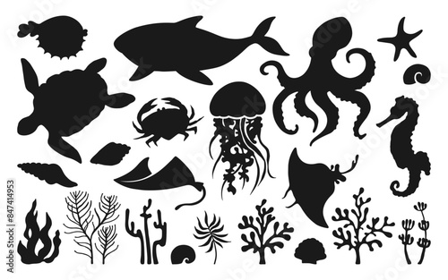 Ocean sea animals cartoon silhouette set. Marine shape comic design for children jellyfish, seashell and seahorse, fish. Nautical undersea starfish, turtle octopus, crab, whale, medusa abstract vector