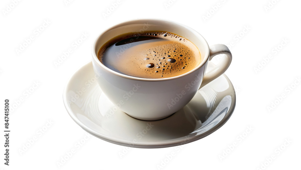 A white mug filled with a steaming coffee drink, sits on a white saucer A white mug filled with a steaming coffee drink, sits on a white saucer