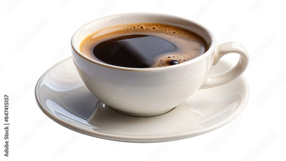 A white mug filled with a steaming coffee drink, sits on a white saucer A white mug filled with a steaming coffee drink, sits on a white saucer
