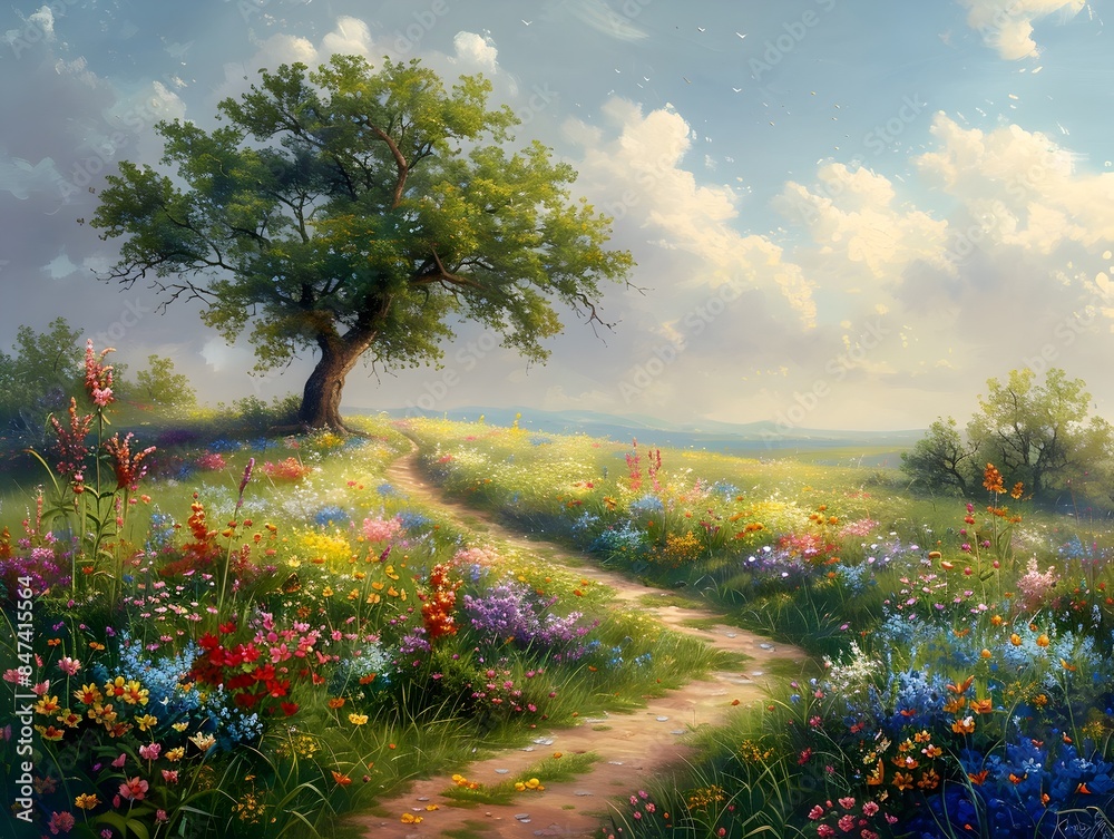 Vibrant Floral Meadow with Winding Dirt Path and Peaceful Resting Spot Vibrant Floral Meadow with Winding Dirt Path and Peaceful Resting Spot