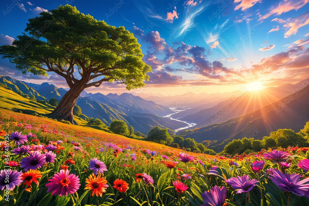 Fototapeta premium Vibrant and colorful landscape with a field of flowers, a large tree, and a mountainous backdrop under a clear sky.