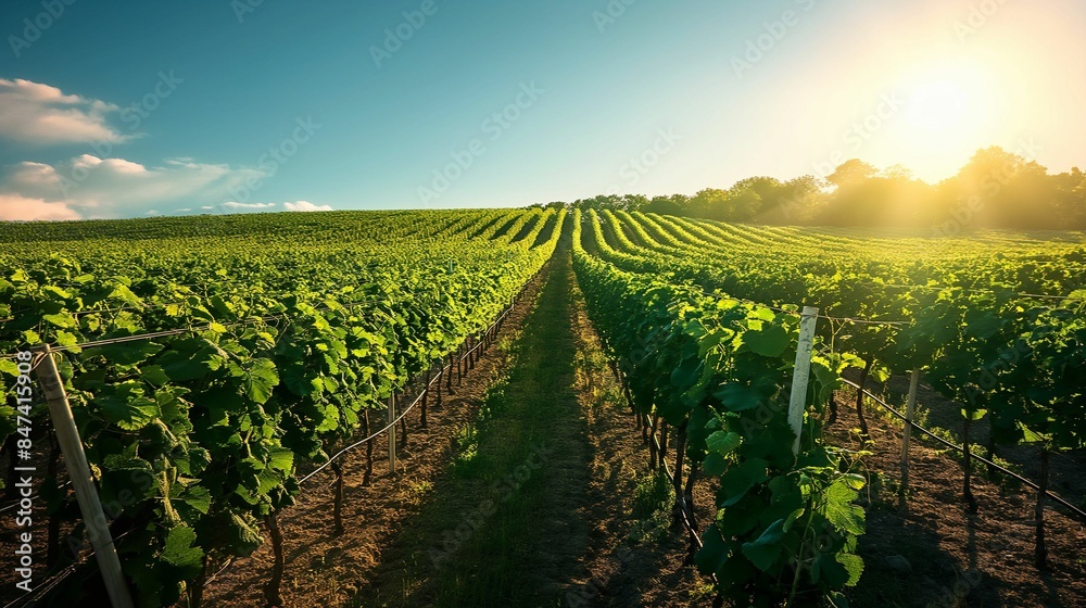 Fototapeta premium Rows of grapevines in a vineyard at sunset.