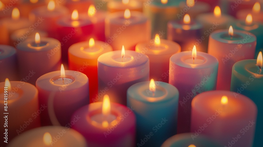 Colorful tealight candles burning with soft flames.