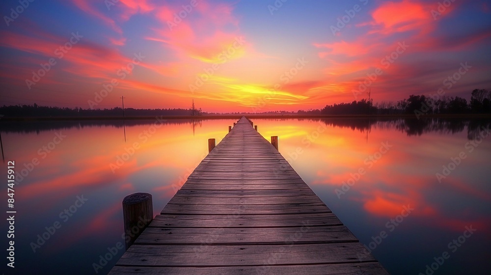 Wooden pier extending into calm water at sunset with vibrant sky reflections. Wooden pier extending into calm water at sunset with vibrant sky reflections.