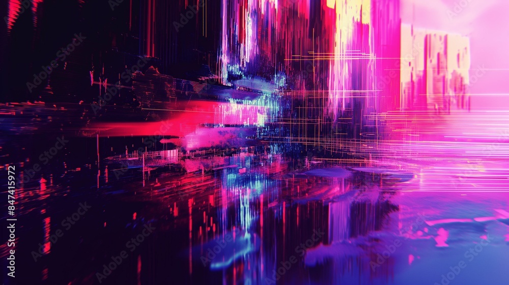 Obraz premium Abstract digital art with vibrant pink, purple, and blue streaks and reflections.