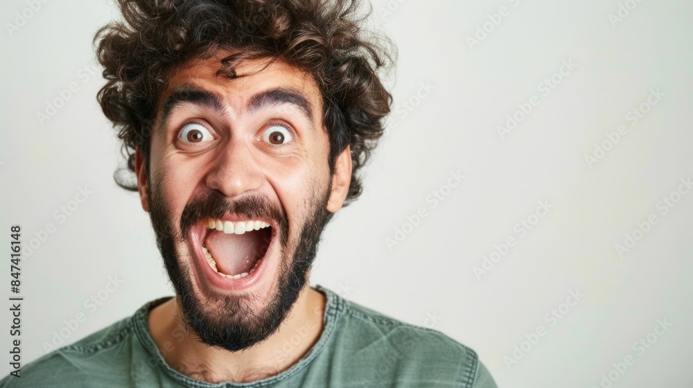 Funny expression of man with curly hair and beard making faces, travel in style with a twist Funny expression of man with curly hair and beard making faces, travel in style with a twist