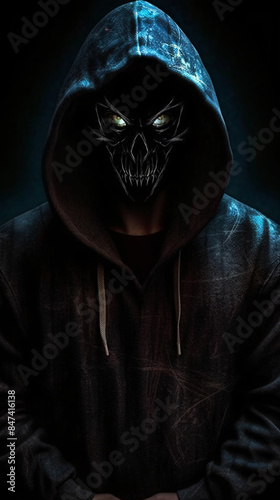 A man wearing a hoodie and a strange mask in dim lighting, exuding mystery and intrigue.