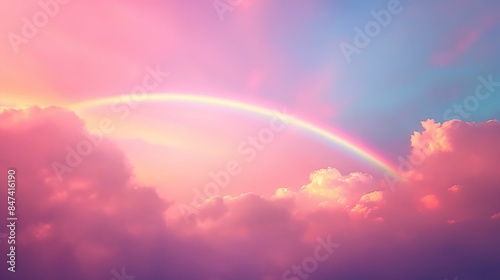 Colorful clouds with a rainbow in the sky.