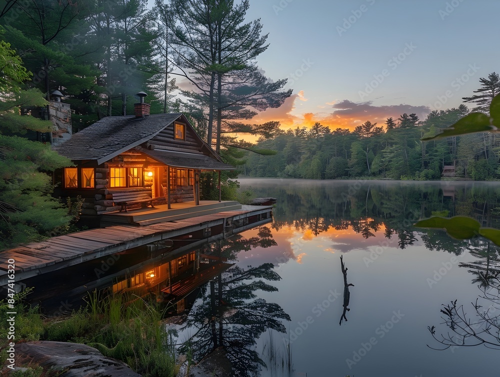 Obraz premium Tranquil Lakeside Retreat with Reflecting Waters and Surrounding Forest Landscape