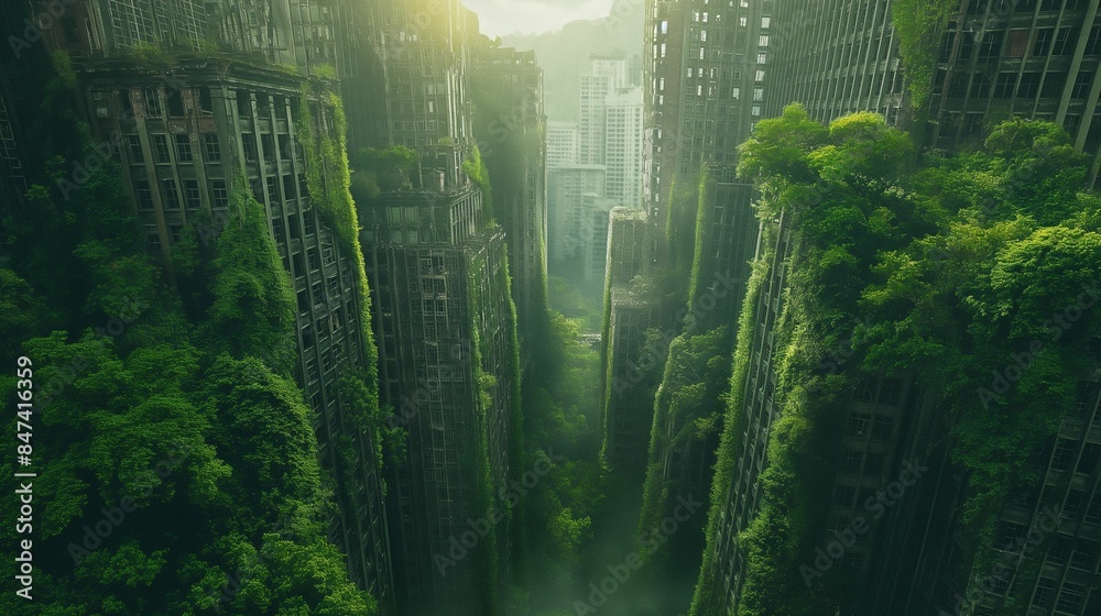 Overgrown abandoned city buildings with sunlight.