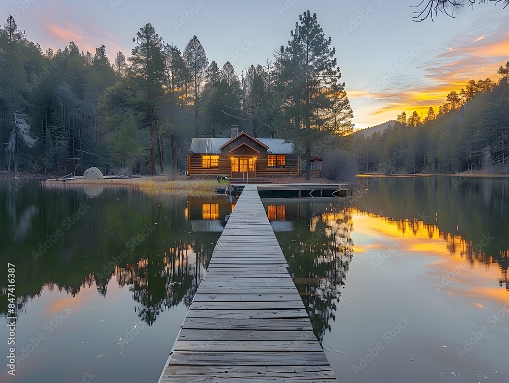 Obraz premium Tranquil Lakeside Retreat with Mirrored Water Reflecting Surrounding Forest and Cabin in the Woods
